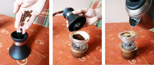 Grindripper - ruční mlýnek a překapávač v jednom Grindripper v akci