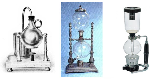 Vacuum pot - baristická alchymie ve vaší kuchyni Zleva: The Napier Vacuum Machine, French Balloon Madame Vassieux, současný vacuum pot od firmy Hario